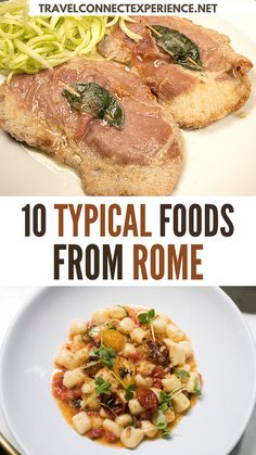 some food that is on top of a plate and in front of the words, 10 typical foods from rome