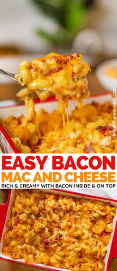 easy bacon macaroni and cheese in a red casserole dish