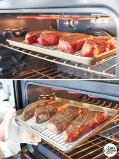 two pictures of steaks cooking in an oven, one being cooked and the other being uncooked