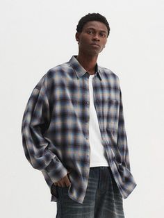 Composition : CottonColor : Yellow Blue CheckCountry of Origin : Republic of Korea Oversized Blue Flannel Long Sleeve Shirt, Oversized Blue Long Sleeve Flannel Shirt, Blue Relaxed Fit Shirt For Fall, Blue Relaxed Fit Button-up Flannel Shirt, Checkered Shirt, Yellow Blue, Composition, Mens Outfits, Yellow