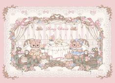 two teddy bears are sitting at a table with tea and cake in front of them