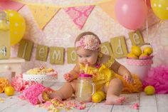 Pink lemonade cake smash Lemonade Smash Cake, Pink Lemonade Party First Birthday, Pink Lemonade Smash Cake, Lemonade Cake, Lemonade Birthday