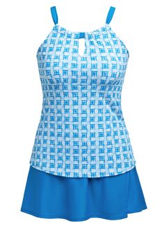 Fitted Halter Neck Sets For Spring, Light Blue Fitted Sets, Chic Blue Stretch Sets, Fitted Blue Two-piece Sets, Fitted Blue Two-piece Top, Fitted Blue Summer Sets, Fitted Light Blue Sets For Beach, Fitted Light Blue Set For Beach, Printed Tankini