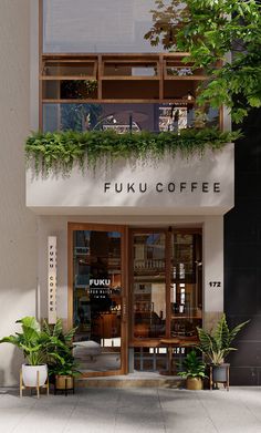 the outside of a coffee shop with plants growing out of it