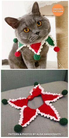 two pictures one has a cat and the other has a crochet christmas ornament