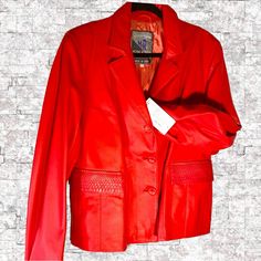 Item Will Be Shipped Free Of Charge With Insurance Included. It Will Be Safely Packaged To Ensure Your Item Is Protected From Damage And Rain. See Previous Positive Feedback To Show Others Experiences.High Rated Seller. Item Has No Oder Or Damage. Original Sales Tag Still Attached! Very Cool! This Vintage Moda In Pelle Jacket Is One Of A Kind! It’s True Gem For Fashion Vintage Collectors And Eclectic Bold Fashionistas. Handmade In Italy In The 1980s Its Drafted From Incredibly Soft Red Lamb Skin Red Fitted Leather Jacket For Formal Occasions, Formal Red Fitted Leather Jacket, Fall Red Leather Blazer, Red Leather Long Sleeve Blazer, Red Leather Blazer For Fall, Red Leather Blazer With Long Sleeves, Red Fitted Leather Jacket For Winter, Fitted Red Leather Jacket For Winter, Classic Red Fitted Leather Jacket