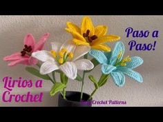 three crocheted flowers in a vase with the words pass a pass on it