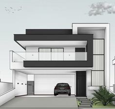 a car is parked in front of a modern house with black and white exteriors