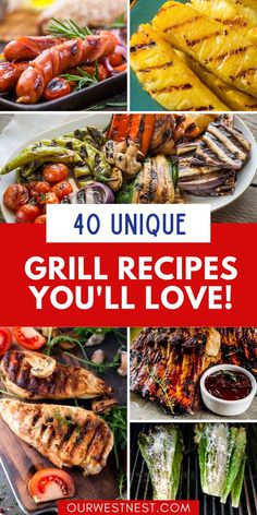 grilled food collage with the words 40 unique grill recipes you'll love