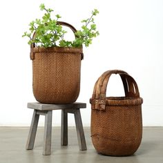 two baskets with plants in them sit on stools next to each other, one holding a plant