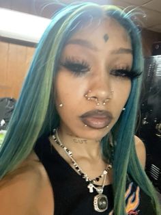 Alt Wigs For Black Women, Goth Hairstyles Black Women, Ashley Piercing Black Women, Emo Black Women, Makeup 2000s, Ashley Piercing, Y2k Cybercore, Face Piercings, Long Sleeve Blouses