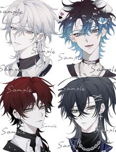 four anime characters with different hair colors and hairstyles, all wearing necklaces