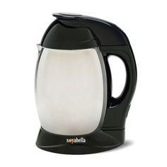 a black and white electric kettle with a light on it