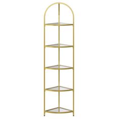 a gold metal shelf with three shelves