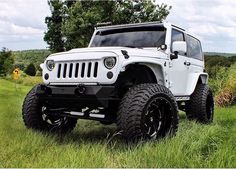 a white jeep parked on top of a lush green field