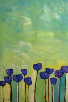 a painting of blue flowers on a green background