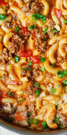 a skillet filled with pasta and meat covered in sauce, green onions and parsley