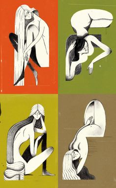 four different colored images of women in various poses