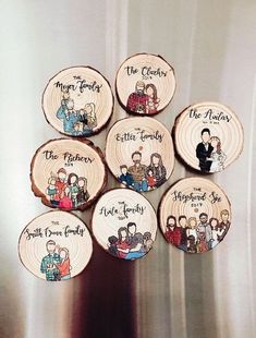 six wooden coasters with family pictures on them