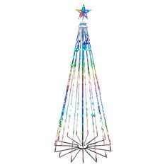 a multicolored christmas tree with star on top and beads hanging from it's sides