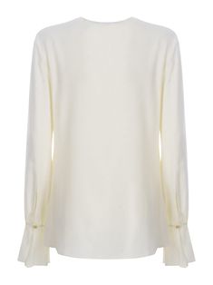 Misto Acetato Chic White Tops With Concealed Placket, Luxury Cream Top For Work, Luxury Cream Top For Workwear, Luxury Cream Tops For Work, Elegant Tops With Concealed Placket For Fall, Chic White Blouse With Concealed Placket, Designer Long Sleeve Cream Tops, Elegant White Top, Birds Logo