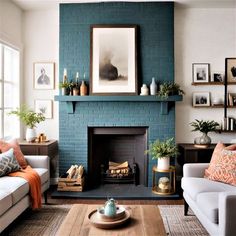 a living room filled with furniture and a fire place in front of a blue brick wall