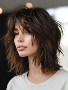 Shag Bob No Bangs, Mid Length Shag Haircuts, Mid Shag Haircut, Shaggy Mid Length Hair, Mid Length Dark Hair, Shaggy Shoulder Length Hair, Mid Length Shag Haircut, Shaggy Medium Hair With Bangs