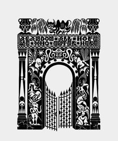 an intricately designed black and white drawing of a gate with ornate designs on it