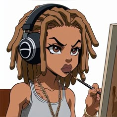 a cartoon girl with headphones on and looking at the mirror while listening to music