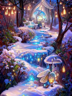 a painting of a snow covered forest with lights