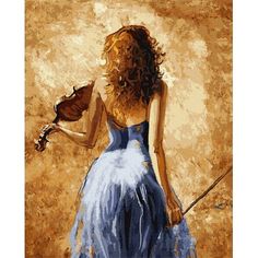 a painting of a woman in a blue dress holding a violin and looking at the ground