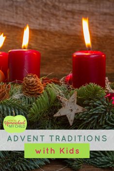 three red candles sitting on top of a christmas wreath with pine cones and evergreen needles