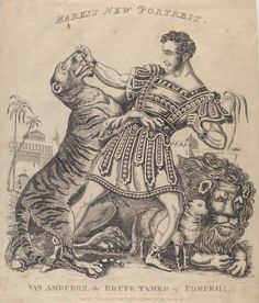 an old drawing of a man standing next to a tiger and another person sitting on the ground