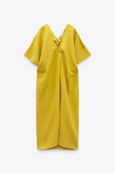 LINEN BLEND TUNIC DRESS - Mustard | ZARA United States Zara Linen Dress, Mustard Dress, Wrap Shirt Dress, Zara Black Dress, Dress With Pleats, Gauze Dress, Long Sleeve Shift Dress