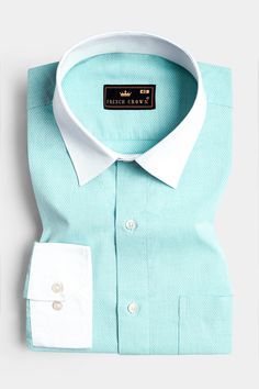 Introducing the epitome of elegance and flair: our Tiffany Blue Giza Cotton Shirt, where sophistication meets playfulness. With its crisp white cuffs and collar, and a captivating dobby texture, this shirt is your ticket to turning heads and making a statement wherever you go. Elevate your style game with a dash of Tiffany magic! Fused collar and cuffs, collar stand and flat felled side seams provide structure and stability to all our shirts. 100 % Premium Giza Cotton: Long staple, smother, resi Luxury Light Blue Dress Shirt With Spread Collar, Luxury Blue Shirt With Button Cuffs, Luxury Fitted Light Blue Dress Shirt, Light Blue Button-up Shirt With Button Cuffs, Luxury Light Blue Button-up Shirt, Dobby Weave, Cotton Shirts For Men, Shoulder Shirts, White Texture