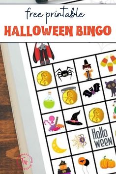 a printable halloween bingo game with pumpkins, bats and witches on the board