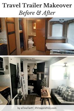 the before and after photos of a travel trailer makeover with furniture, decor, and accessories