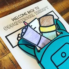 a welcome back to congratulationsal therapy card with a blue backpack and coffee mug on it