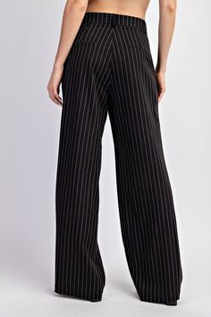 Pinstriped straight leg pants. Features: Button & zipper closure Belt loops Two side hip pockets Two back pockets Added pleats for detail Fabric: 80% Polyester 16% Viscose 4% Spandex PK11157