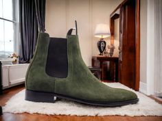 Bespoke Handmade Suede Chelsea Boots, Olive Green Dress Formal Slip On Boots, Men's Goodyear Welted Ankle High Boots Condition New With Box Material Suede Colour Green (Customizable) Inner Material Leather Lining Sole Leather Style Chelsea Boots Handling 7 to 10 days Casual Green Slip-on Boots, Green Chelsea Boots With Leather Sole And Round Toe, Green Leather Chelsea Boots, Green Slip-on Boots With Leather Sole, Red Dress Formal, Green Dress Formal, Split Toe Boots, Green Suede-lined Boots With Round Toe, Brown Dresses Formal