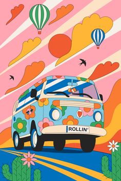 A vibrant minivan with a 'Rollin'' license plate cruising down a desert road, representing Gabor's creative journey in graphic design. Mises En Page Design Graphique, Desert Road, Road Adventure, Font Inspiration, Travel Illustration, Minivan, Hippie Art, Retro Illustration, Summer Design