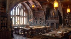 an old library with tables and bookshelves in the middle, surrounded by large windows