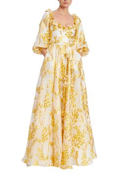 Yellow White Jacquard Balloon Sleeve Gown with Drama Back Front Jacquard Gown, Cutout Gown, Badgley Mischka Dress, Sleeve Gown, Women Formals, Flowing Skirt, Gowns With Sleeves, Formal Dresses For Women, Guest Outfit