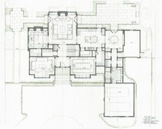 an architectural drawing of a house with lots of windows and floor plans on the walls