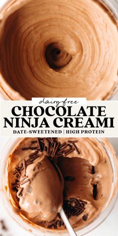 an image of chocolate ice cream in a glass jar with spoons and text overlay