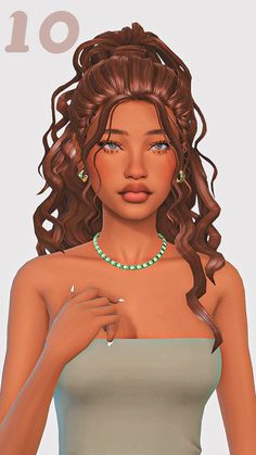 an animated image of a woman with long hair wearing a green beaded necklace and earrings