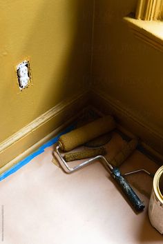 Process photo of room being painted a deep ochre yellow Repainting Walls, Room Aesthetic