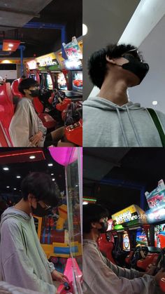 three different shots of people wearing masks and playing video games in an arcade or game store