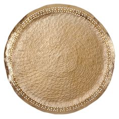 a gold plate with white dots on the rim is shown against a white background and looks like it could be used as a serving platter