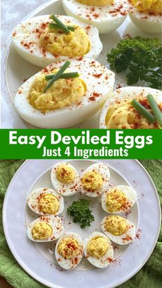 deviled eggs on a white plate with herbs and seasoning